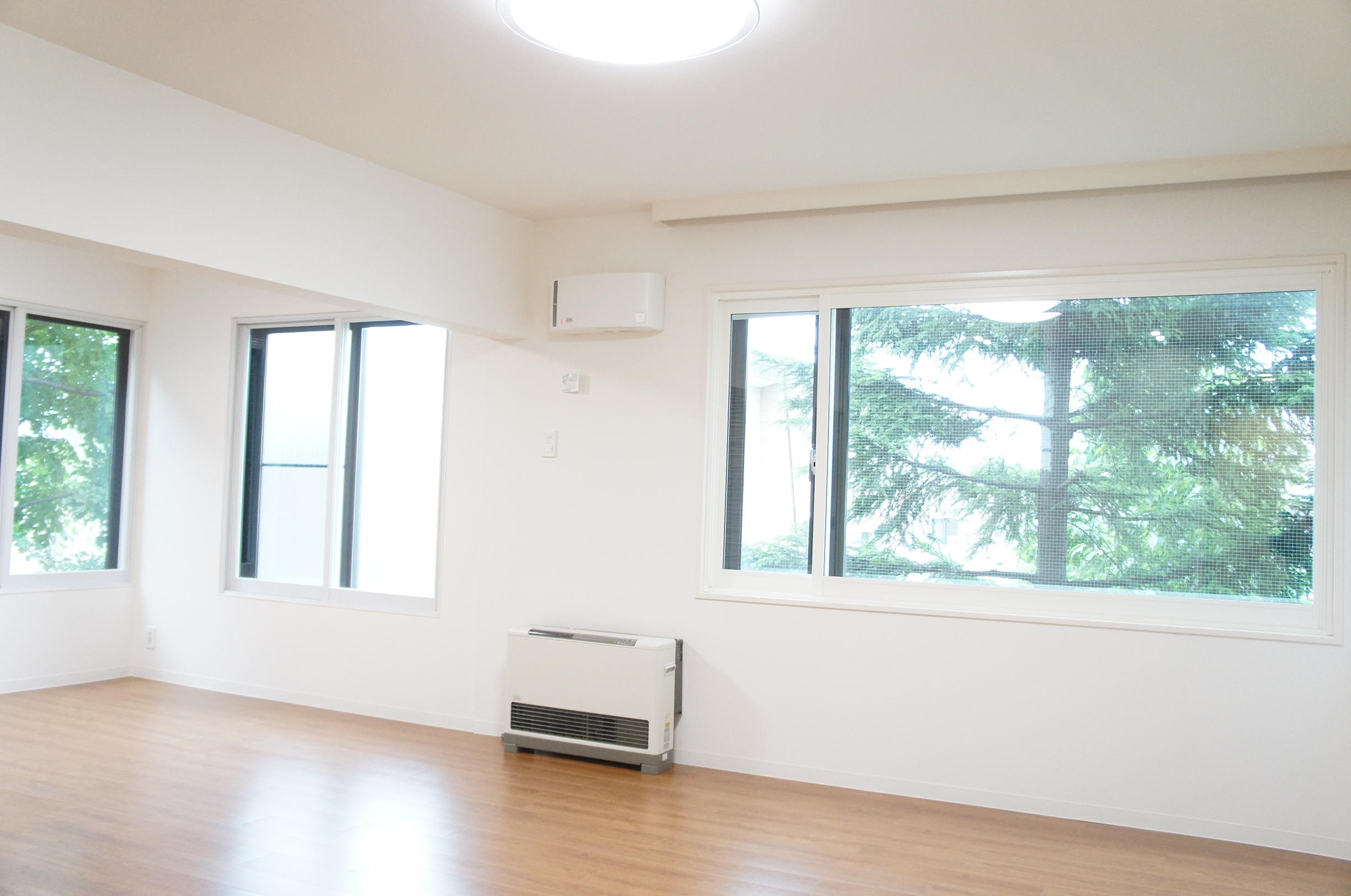 窓越しに見える庭の木々がまるで絵のようです。3つの窓から日差しがたっぷり。